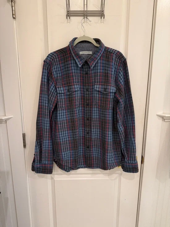 Outerknown Blanket Shirt in Blue and Orange Stripe Plaid Button-Down Shirt - Picture 1 of 3